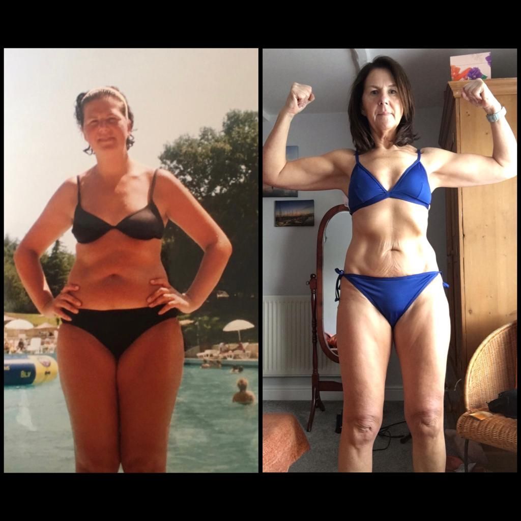 Comparison of a person in a bikini: Before with less muscle, after with more muscle flexing arms.