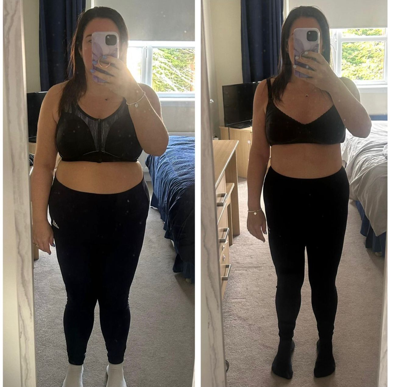 Woman in black outfit poses in mirror, showing weight loss progress.