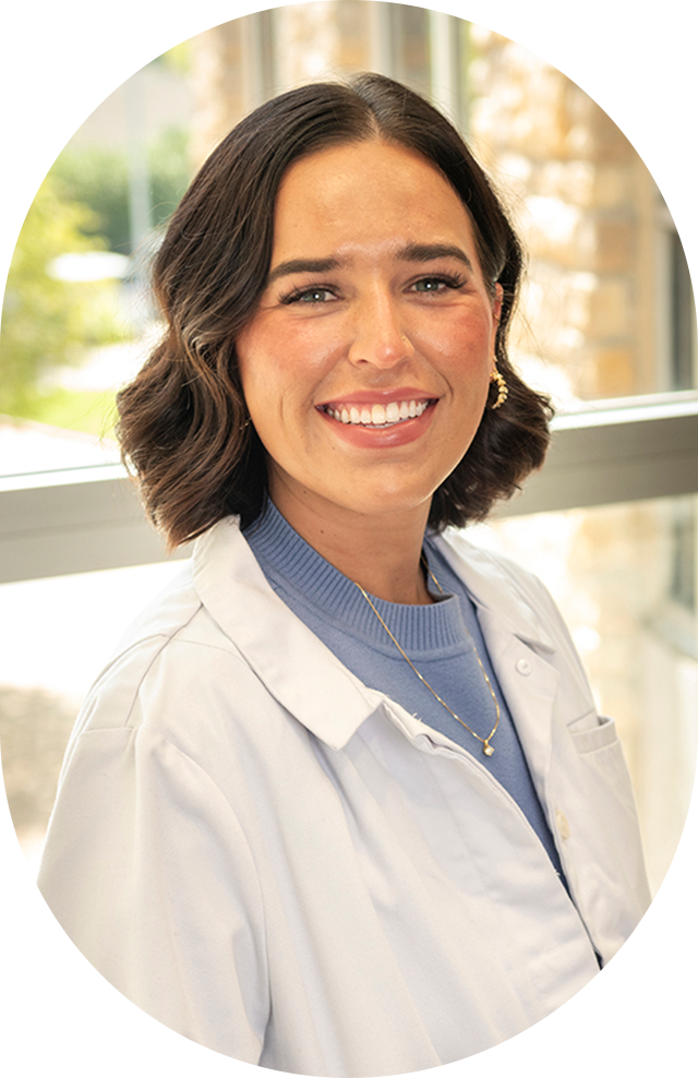 A woman, Taylor Merritt, MSN, APRN, FNP-C, with long dark hair is smiling for the camera in a circle.