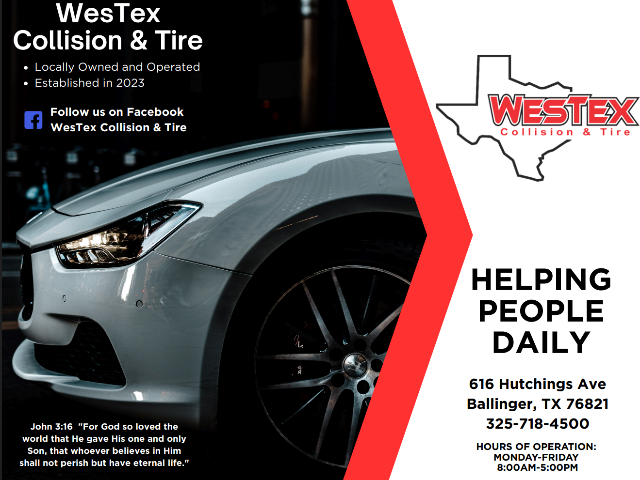 An advertisement for westex collision and tire with a car on it