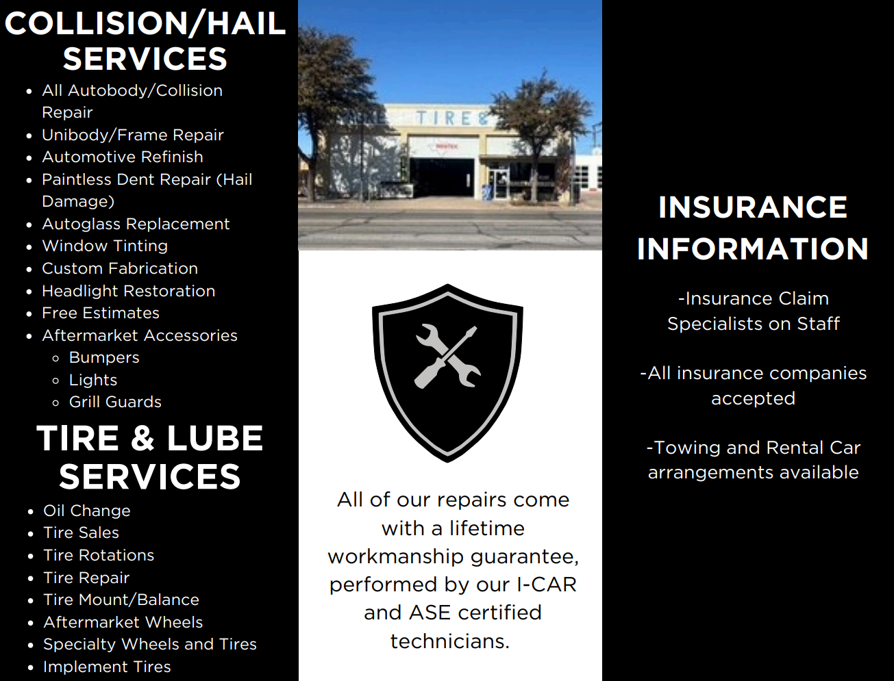 A brochure for collision / hail services tire & lube services and mechanical services