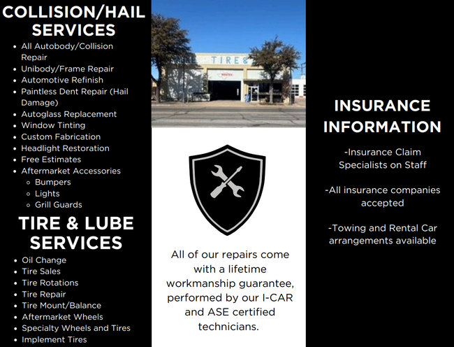 A brochure for collision / hail services tire & lube services and mechanical services