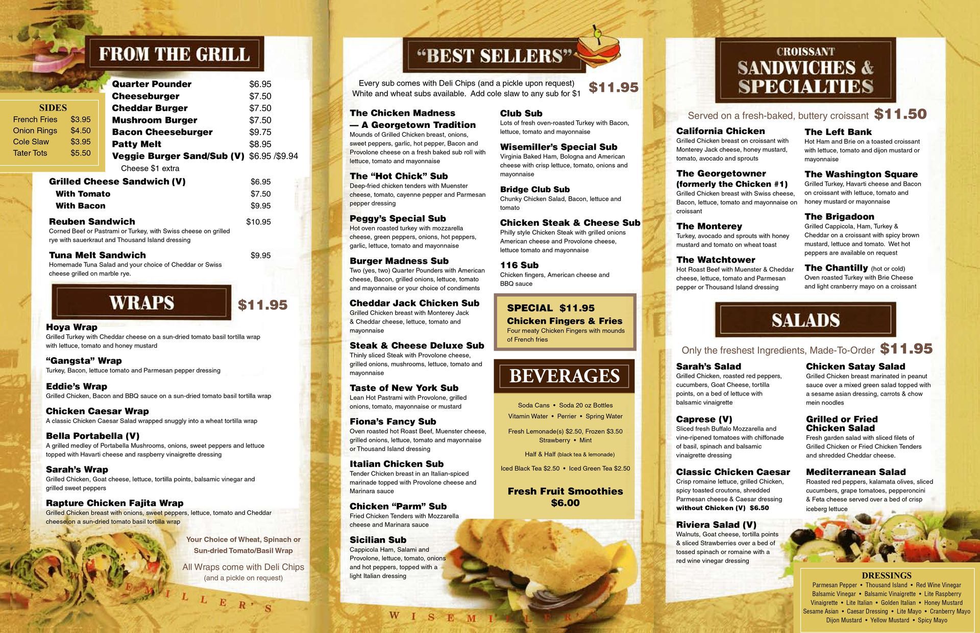 A menu for a restaurant with a picture of a sandwich on it