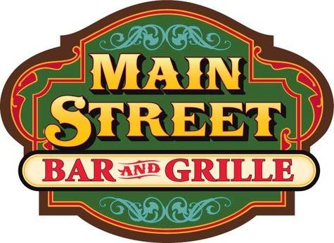 Main Street Bar and Grille logo: brown frame, green background, gold text, red accents, decorative scrollwork.