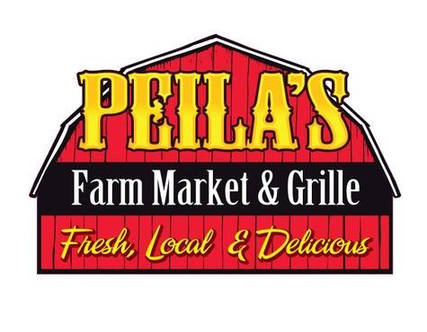 Peila's Farm Market & Grille logo: a red barn shape with yellow text