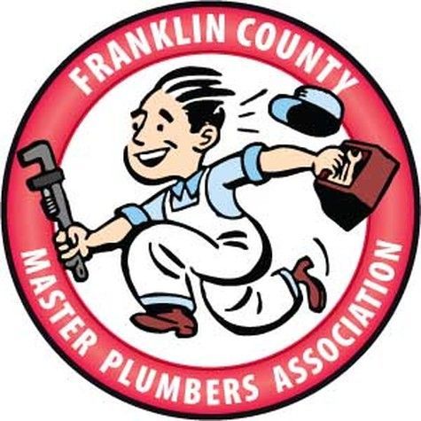Franklin County Master Plumbers Association logo: Cartoon plumber running with a wrench and toolbox.