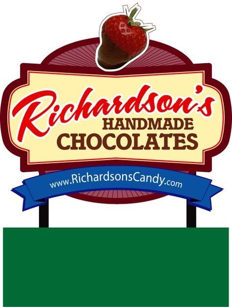 Richardson's Handmade Chocolates logo with chocolate-covered strawberry. Red, brown, gold, and blue banner with website.