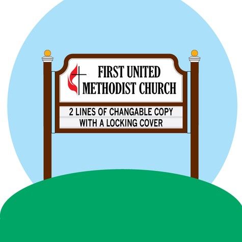 Sign for First United Methodist Church: brown, 2-line message, locking cover, on green hill, blue sky, and a logo.