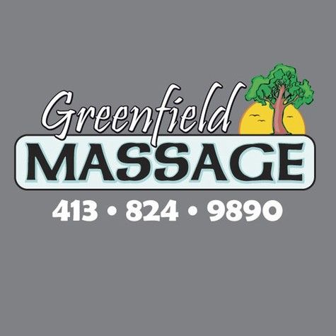 Logo for Greenfield Massage: gray background, text 