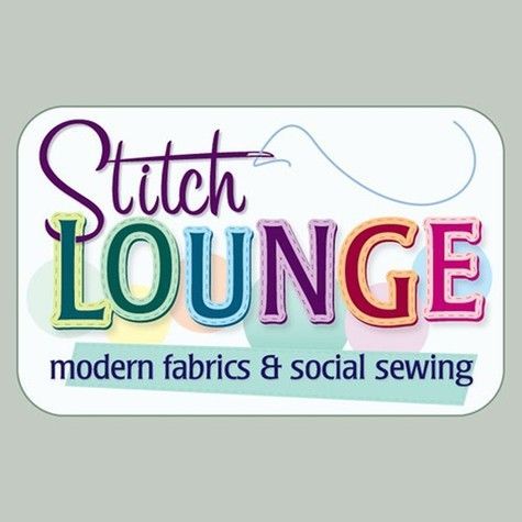 Logo for Stitch Lounge: colorful text with a needle and thread. 