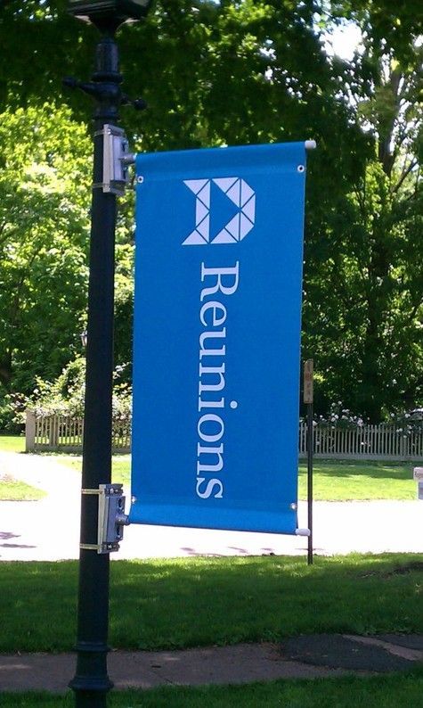 Blue banner on a lamppost with 
