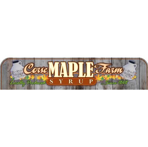 Cove Maple Farm Syrup logo on wood background, with maple leaf accents and jug illustrations.