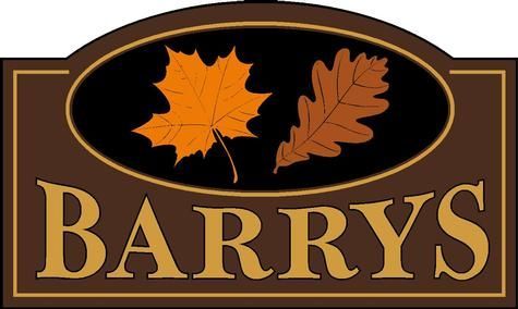 Sign for Barrys with a brown frame and an oval center with a maple and oak leaf.