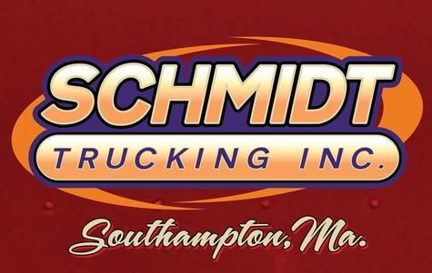 Schmidt Trucking Inc. logo, with text over an orange oval on a maroon background; Southampton, Ma. in script.