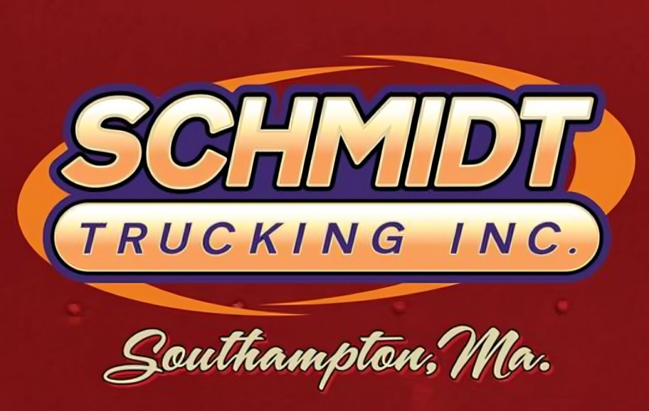 Schmidt Trucking Inc. logo with text on a maroon background, Southampton, MA.