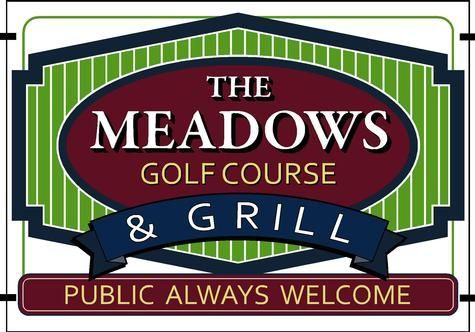 Logo for The Meadows Golf Course & Grill: maroon, green, white, and blue text and shapes.