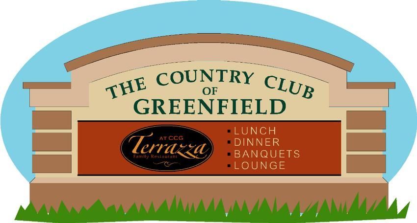 Sign for The Country Club of Greenfield, including Terrazza restaurant; brown and orange.