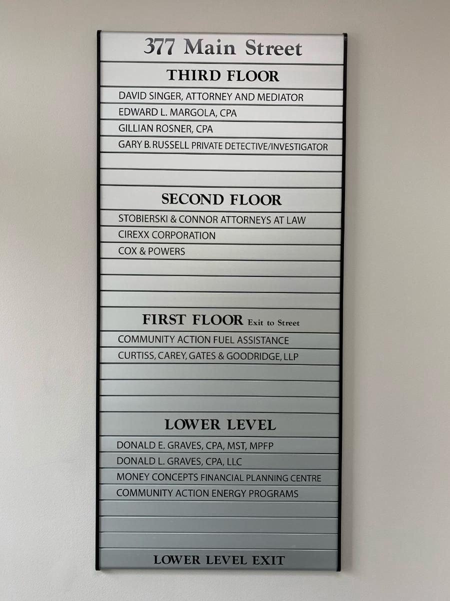 Directory sign listing businesses in a building at 377 Main Street, including floor levels and tenant names.