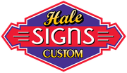 Hale Signs logo: red, blue, and gold diamond-shaped design with 