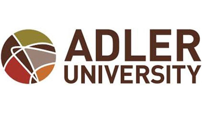 A logo for adler university with a circle in the middle.