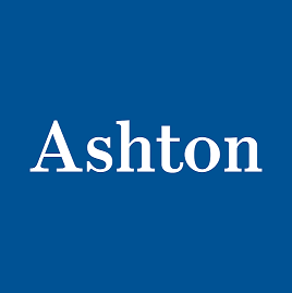 The word ashton is on a blue background