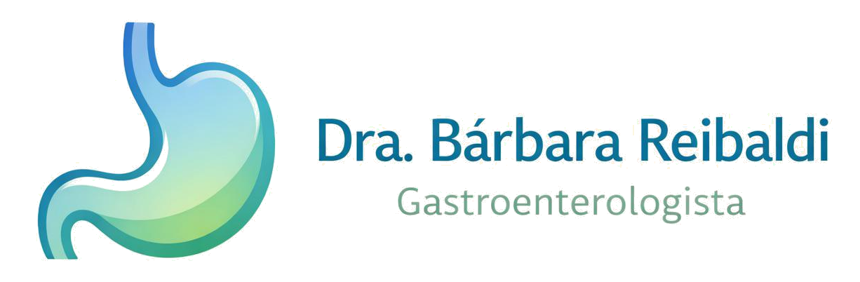 Logotipo da Dra. Bárbara Reibaldi, gastroenterologista, apresentando um estômago estilizado em tons de azul e verde.
