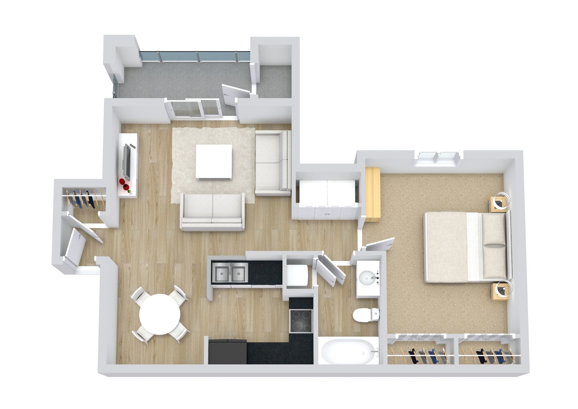 Floor plan of an apartment with a bedroom, living room, kitchen, bathroom, and balcony.