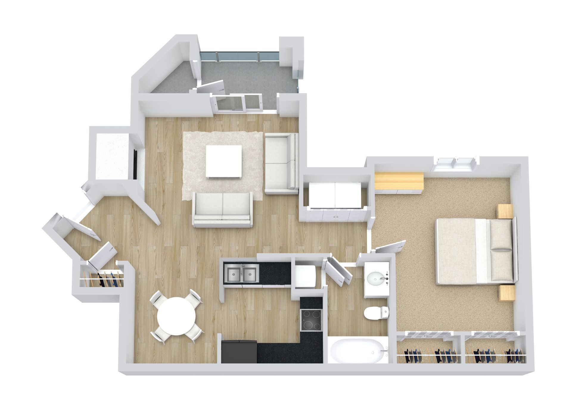 Floor plan of a one-bedroom apartment with a living area, kitchen, bathroom, and balcony.