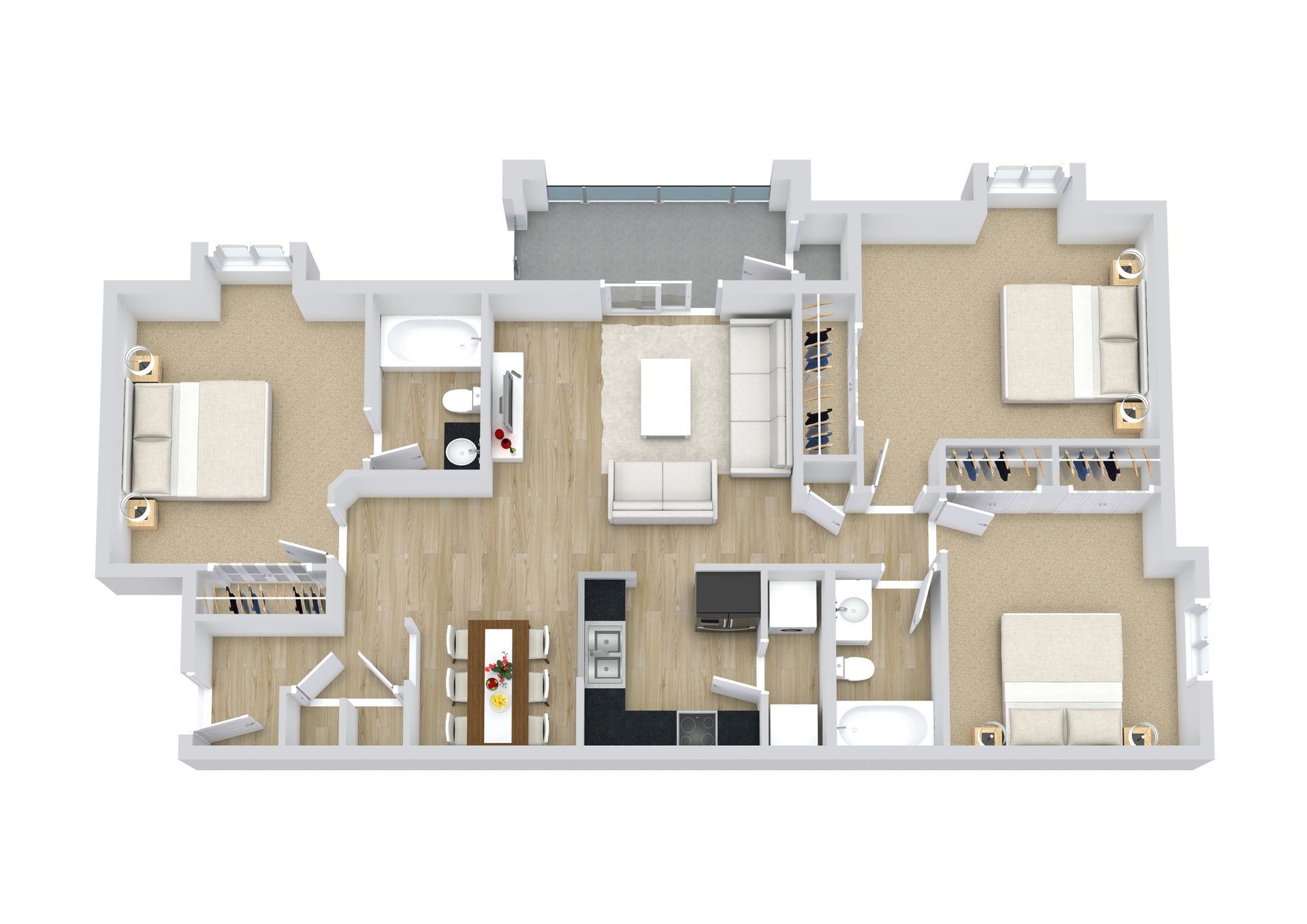 Floor plan of an apartment with three bedrooms, two bathrooms, a living area, and a kitchen.