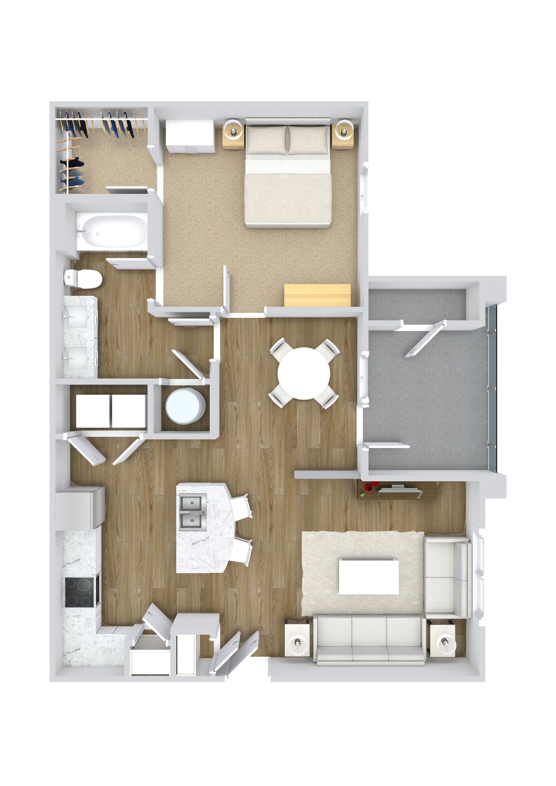 Floor plan of a one-bedroom apartment with kitchen, living area, bedroom, and balcony; light wood and beige tones.