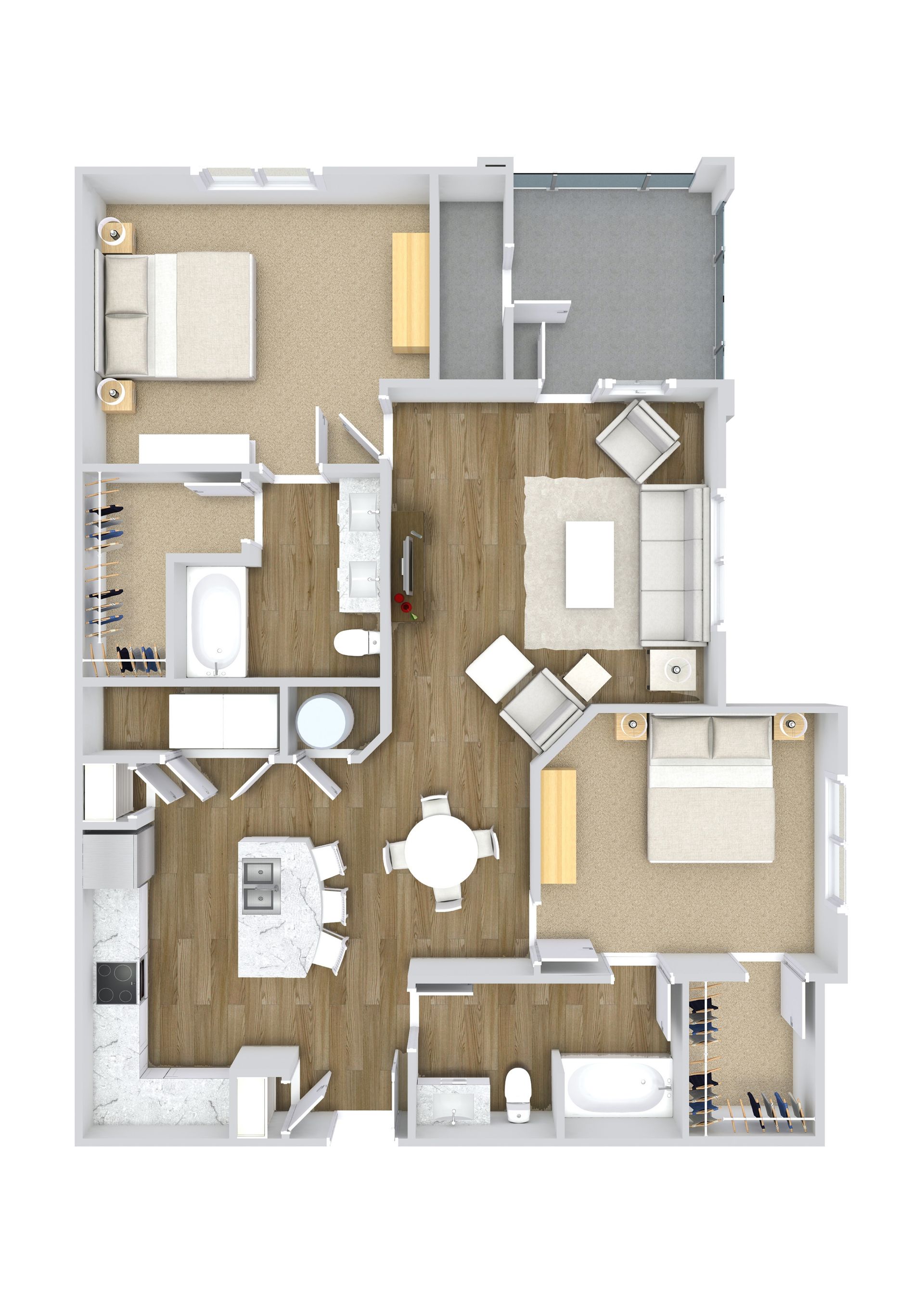 Floor plan of a two-bedroom apartment. Includes living room, kitchen, two bathrooms, and dining area.
