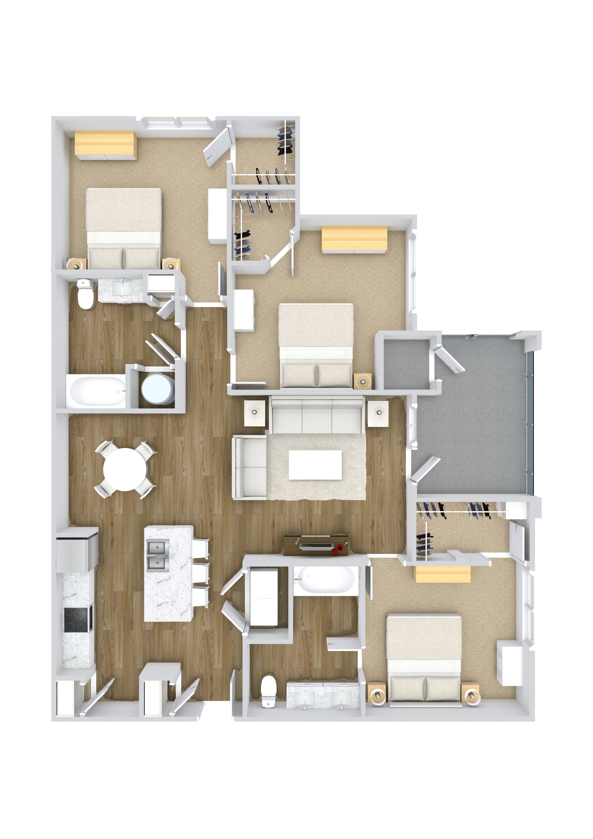 Floor plan of a three-bedroom apartment, showing kitchen, living room, and bathrooms.