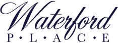 Waterford Place logo with script text, dark blue, on white background.