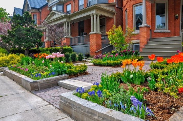 A sunlit front garden features vibrant orange, pink, and purple flowers in raised stone beds leading to brick houses.