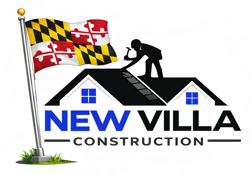 Logo: Construction worker on house roof with Maryland flag;