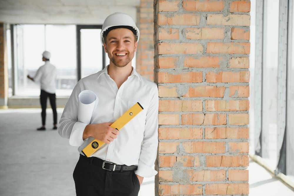 A man is standing in front of a brick wall holding a level and a blueprint.