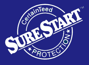 A blue and white logo for surestart protection
