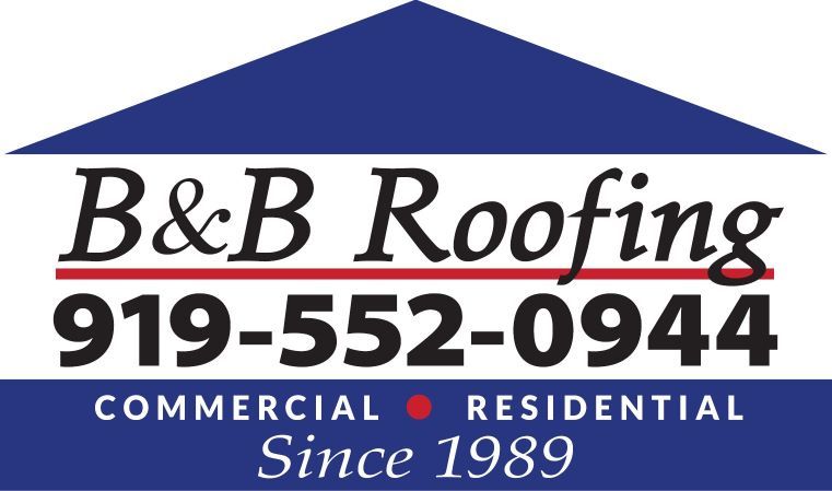 The logo for b & b roofing shows a blue roof and a phone number.