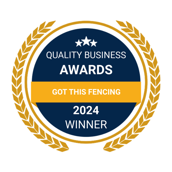 Quality Business Awards winner badge for Got This Fencing, 2024. Dark blue and gold colors with wheat wreath.