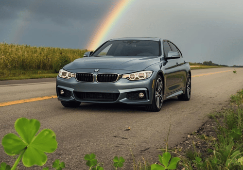 BMW sedan on a rural road with a rainbow in the sky and shamrock graphics in the foreground.