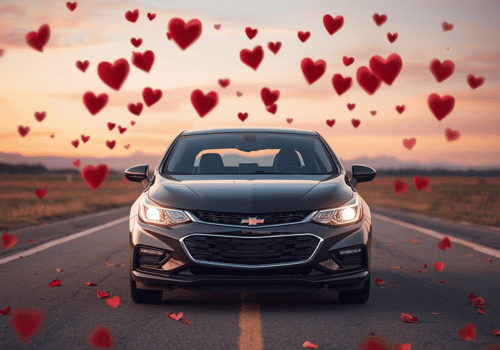 Black sedan parked on an open road at sunset with red heart shapes floating above it.