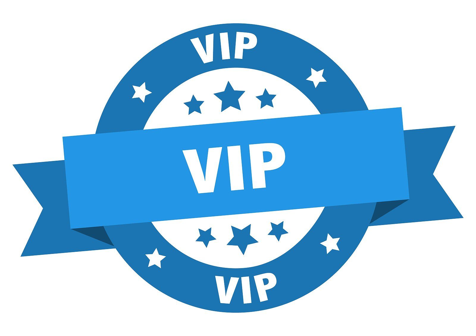 A blue circle with a blue ribbon that says vip