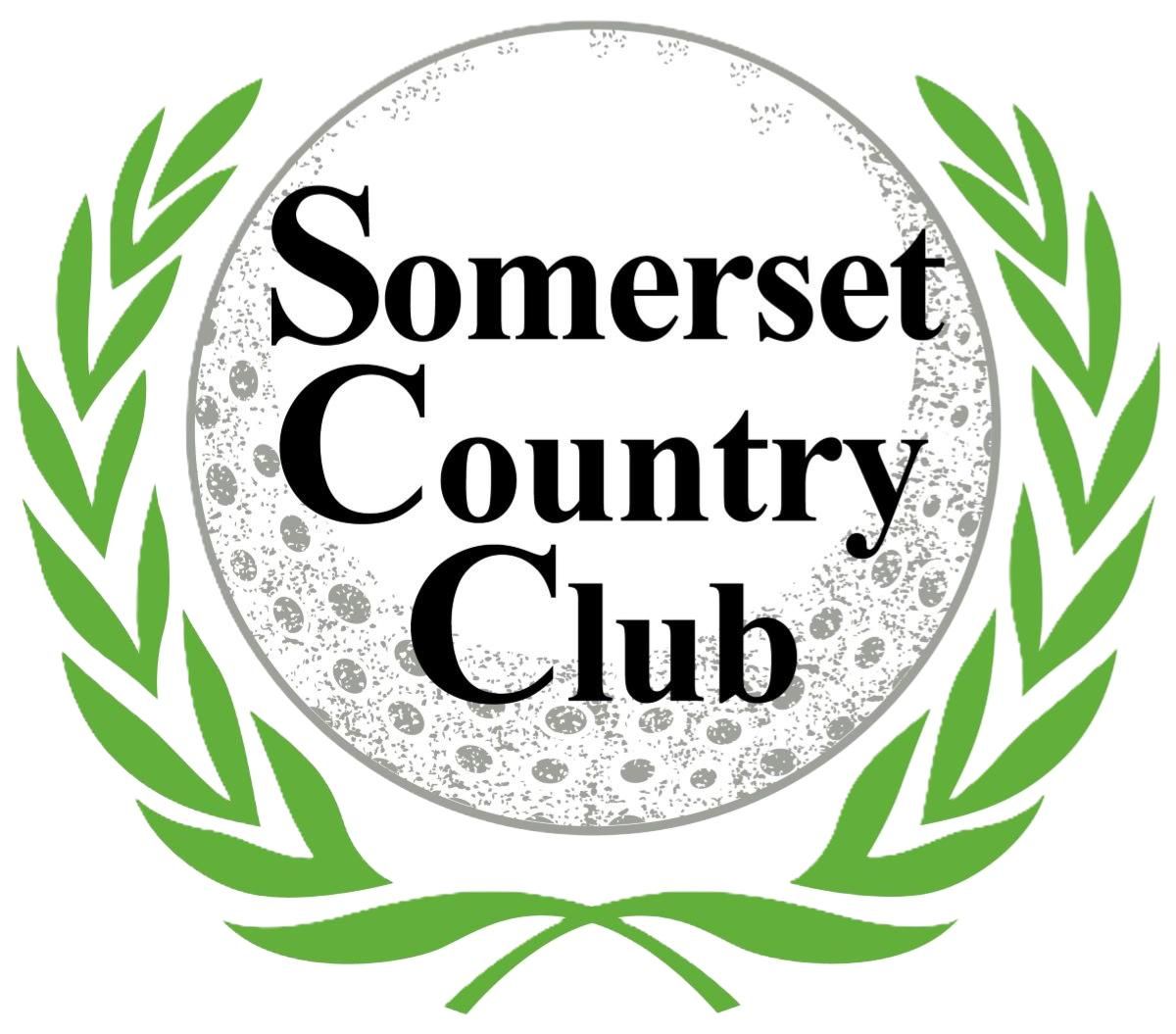 Somerset Country Club logo: black text on a golf ball graphic with green laurel wreath border.