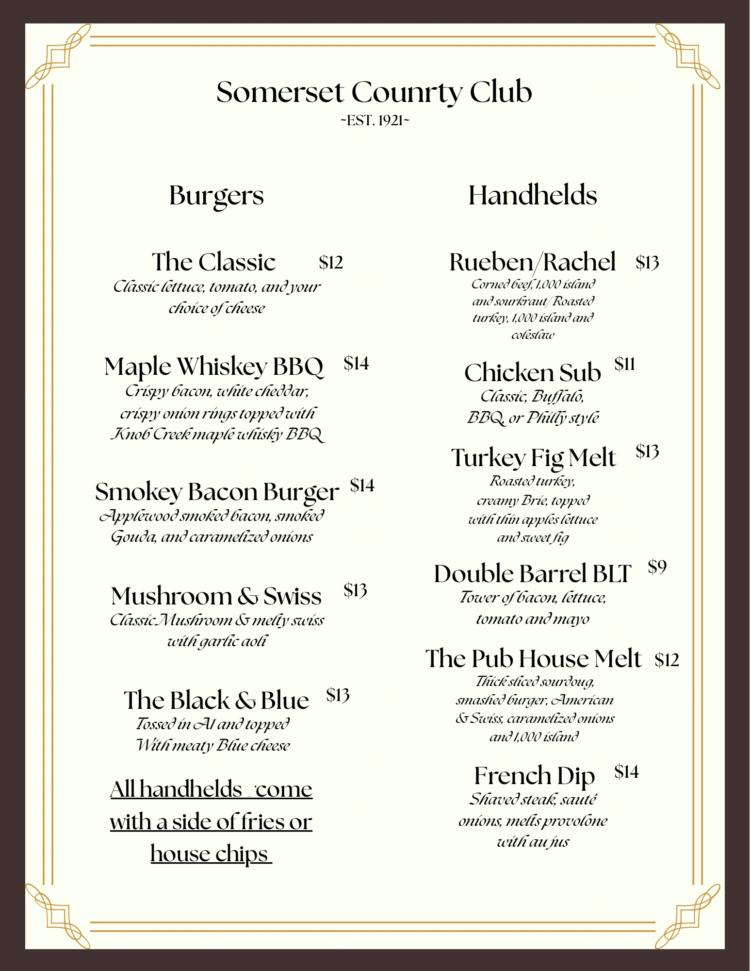 Menu of Somerset County Club featuring burgers and sandwiches.