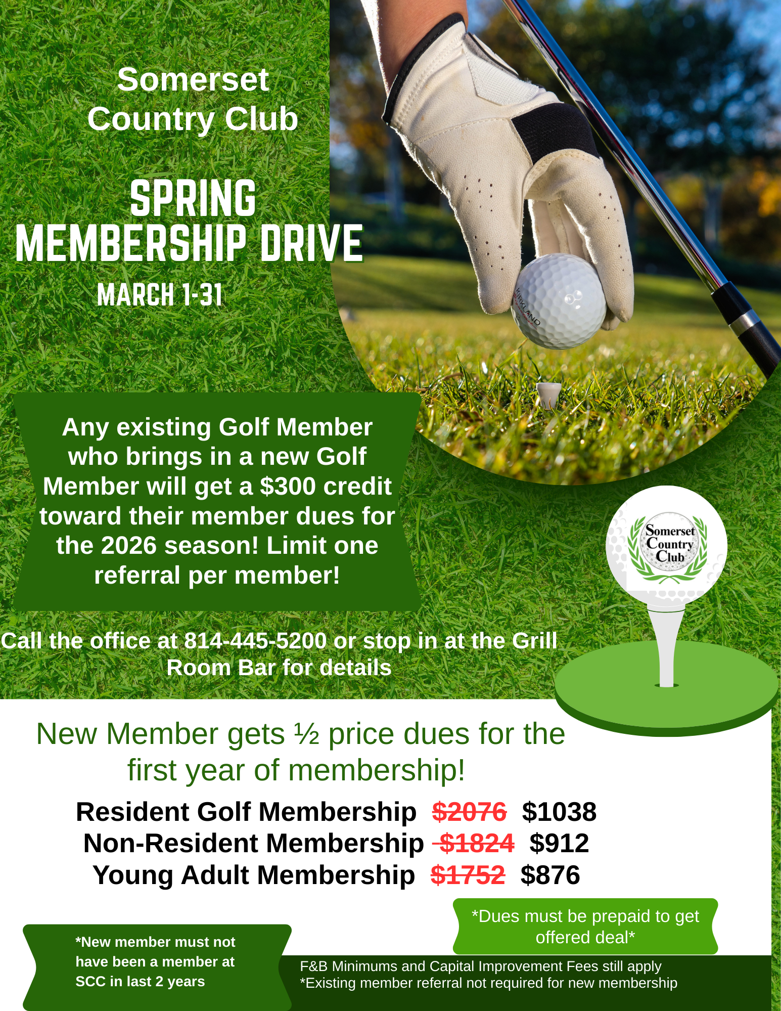 Somerset Country Club membership drive flyer detailing referral bonuses and discounted dues for new members.