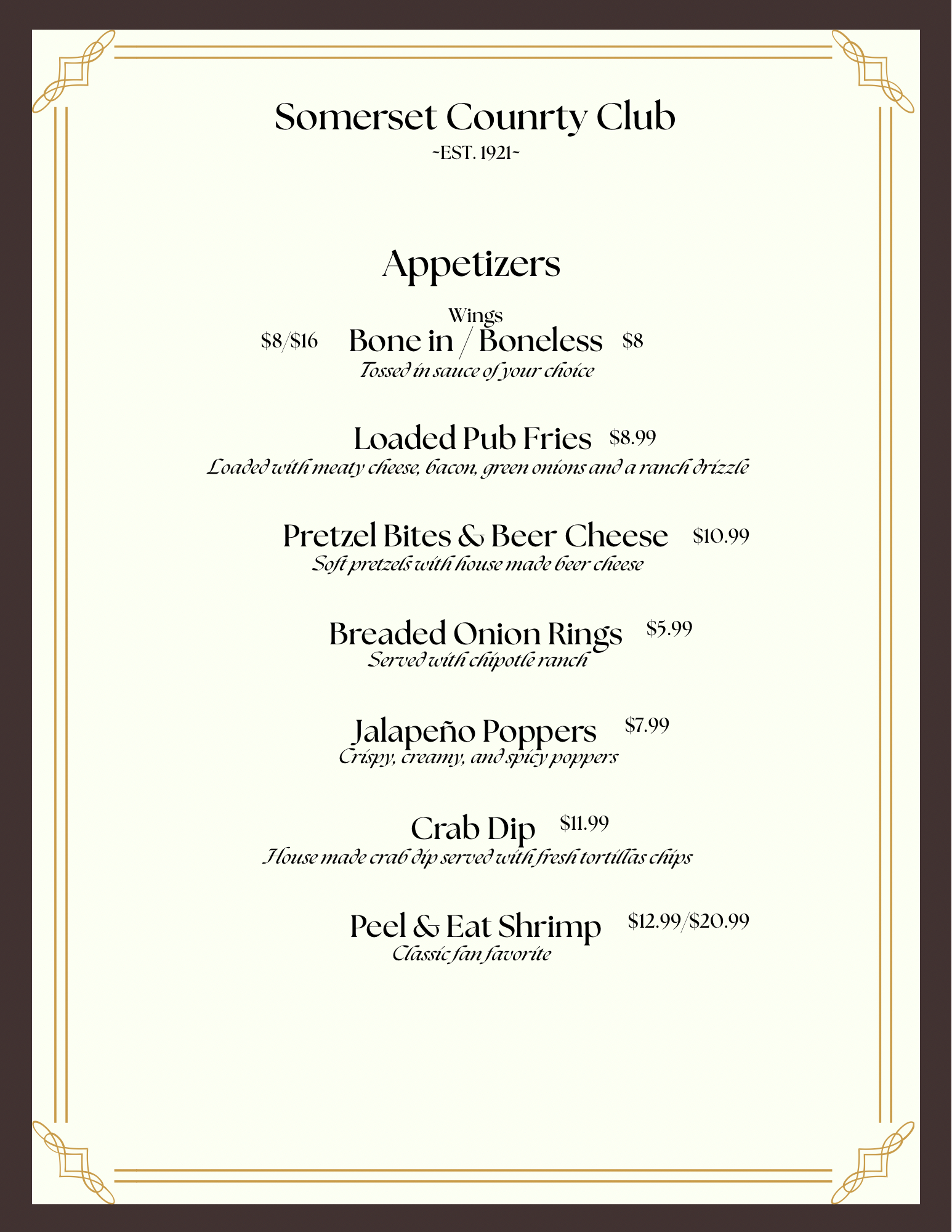 Somerset County Club menu listing appetizers: wings, fries, pretzel bites, onion rings, peppers, crab dip, and shrimp.