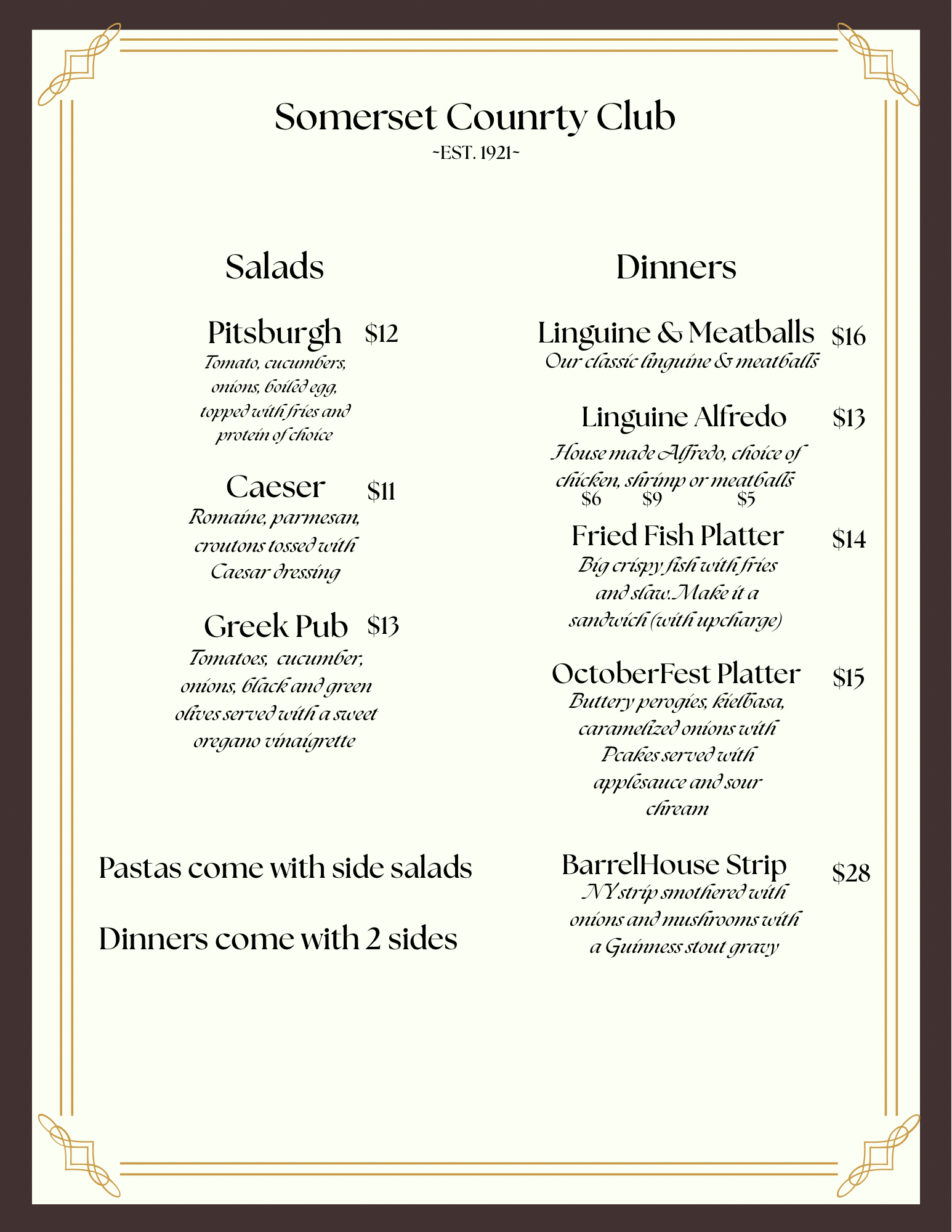 Menu from Somerset County Club with salad and dinner options listed.