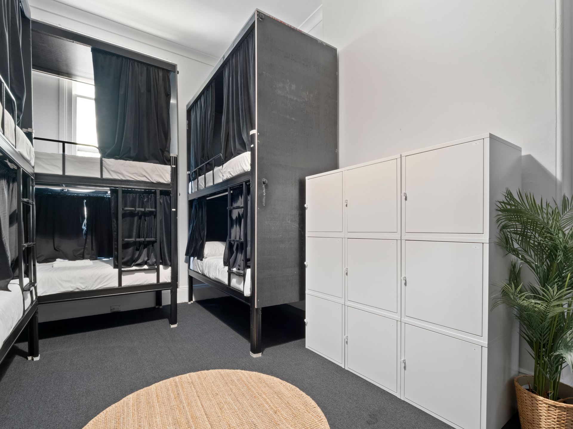 A room with bunk beds , lockers and a plant.