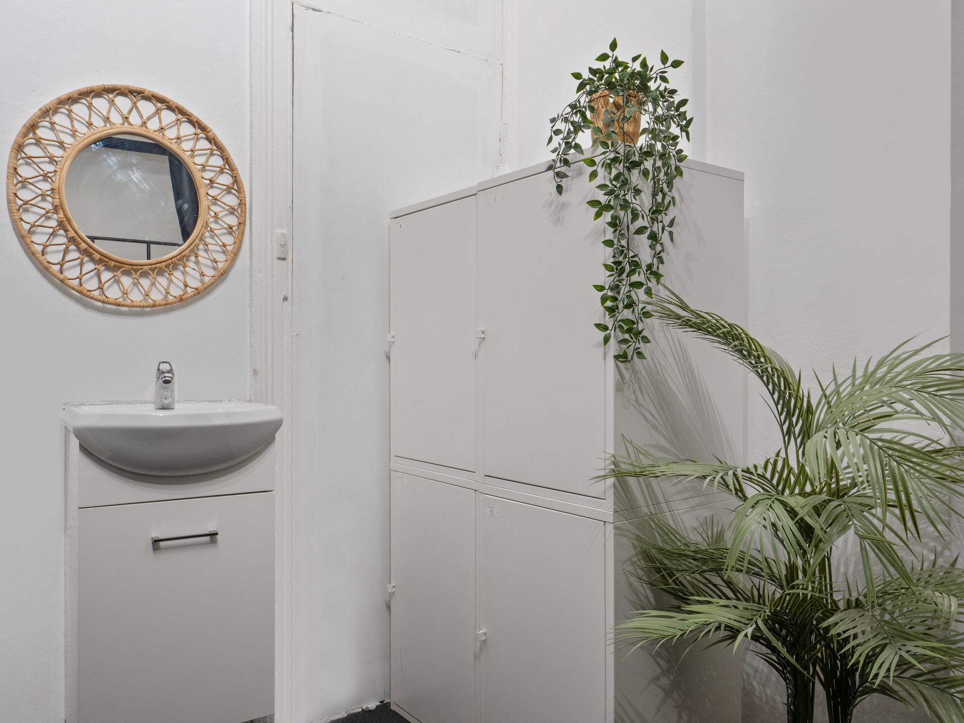 A bathroom with a sink , mirror and plant.