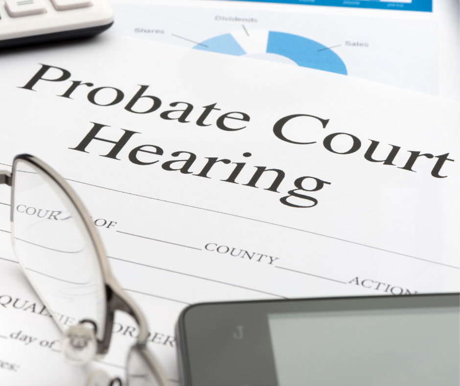 A pair of glasses sits on top of a probate court hearing form